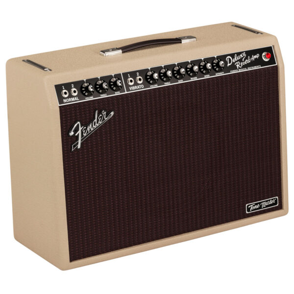 Vista frente lateral Fender Tone Master Deluxe Reverb Blonde Amplificador de guitarra