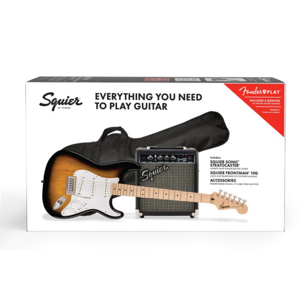 Squier Sonic Stratocaster Pack 2-Color Sunburst Caja Horizontal