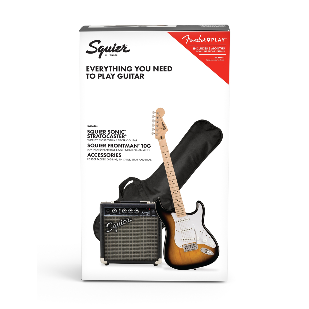 Squier Sonic Stratocaster Pack 2-Color Sunburst Caja Vertical